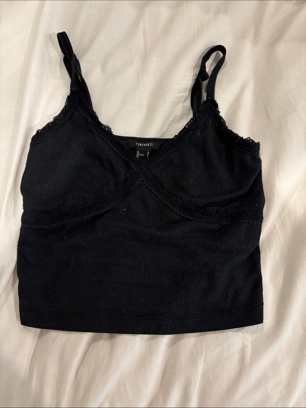 Forever 21 Black Ribbed Lace-Trim Cropped Cami